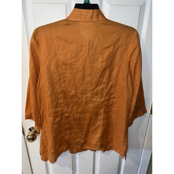 Coldwater Creek Blouse Womens L Orange Ramie Embroidered Button Up Shirt Top - Picture 7 of 8